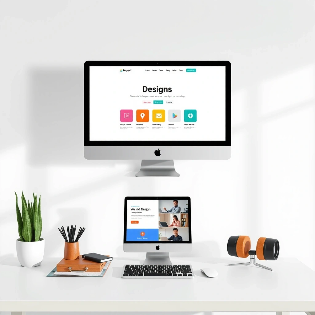 Professional web design workspace with modern computer setup and design mockups