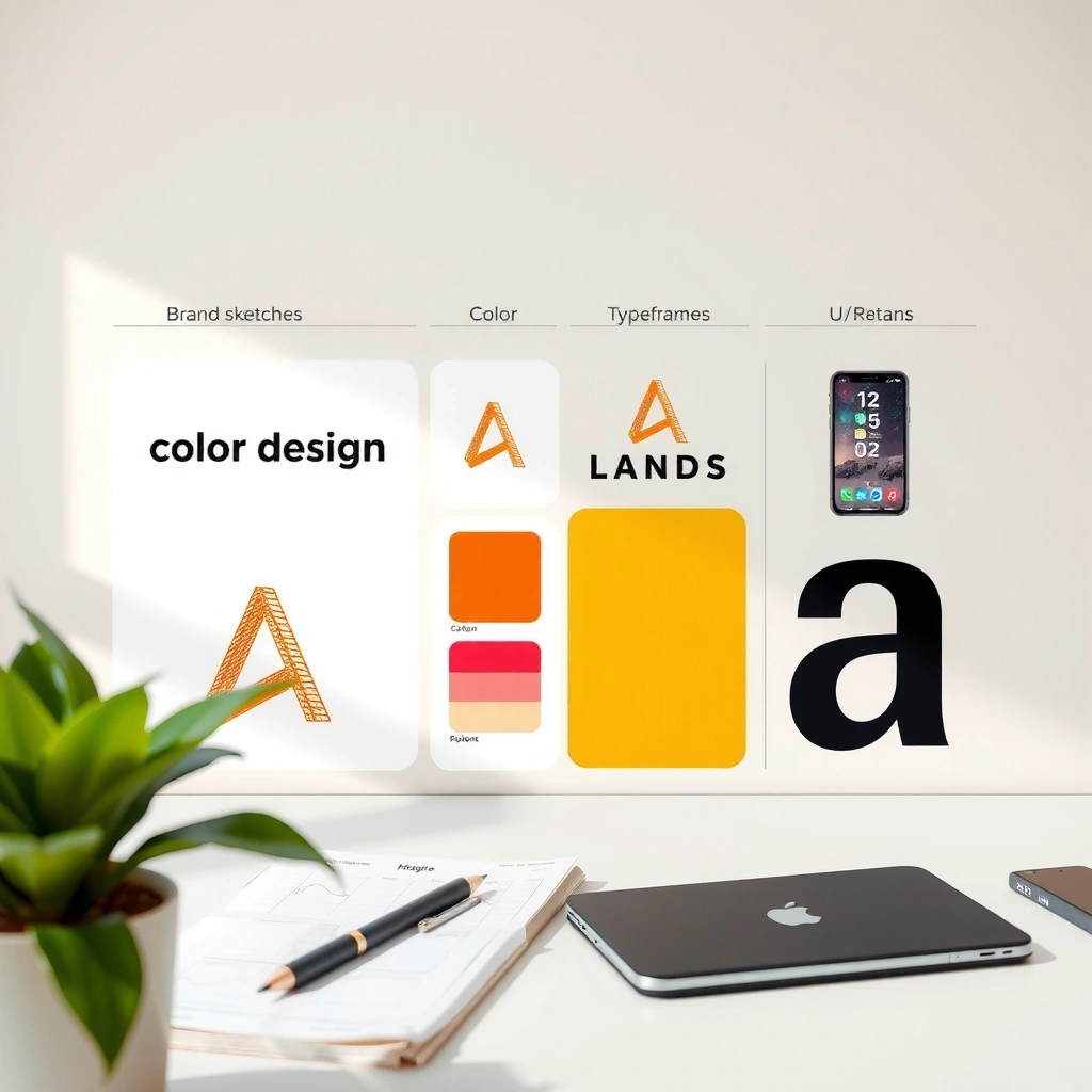 Brand identity design process showing logo creation, color palettes, typography, and UI/UX wireframes