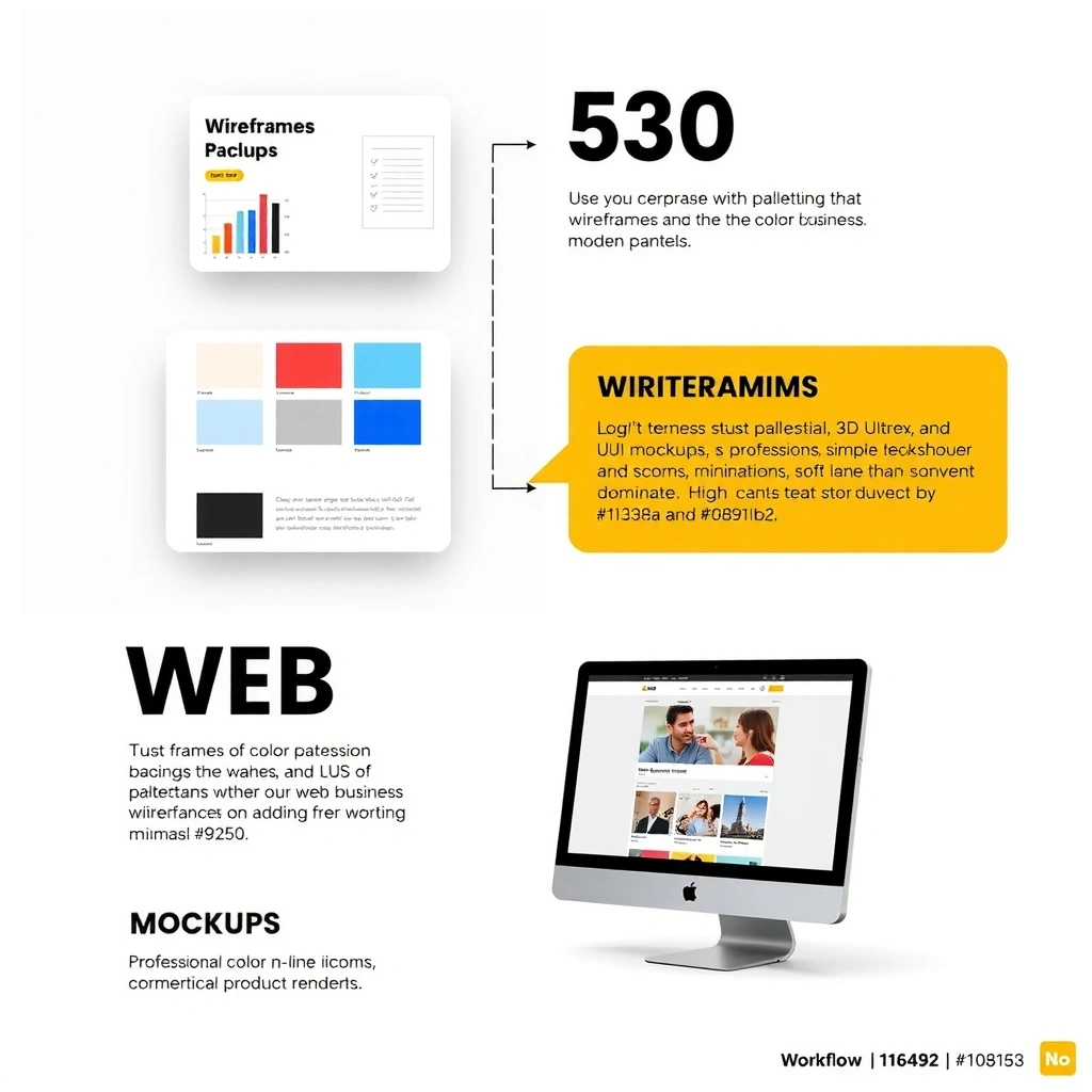 Custom web design process showing wireframes, mockups, and final website